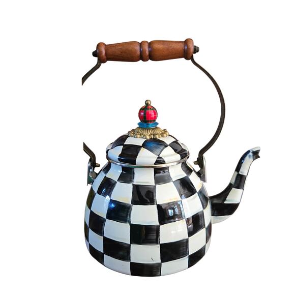 MacKenzie-Childs Courtly Check Black & White Enamel Tea Kettle Blue Green Red - Picture 15 of 16